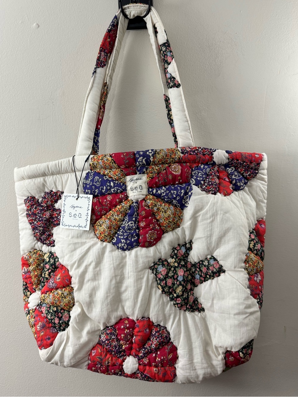 Sezane X Sea NY Quilted Patchwork Maxi Tote Bag Multicolor Bird Print - Picture 5 of 9
